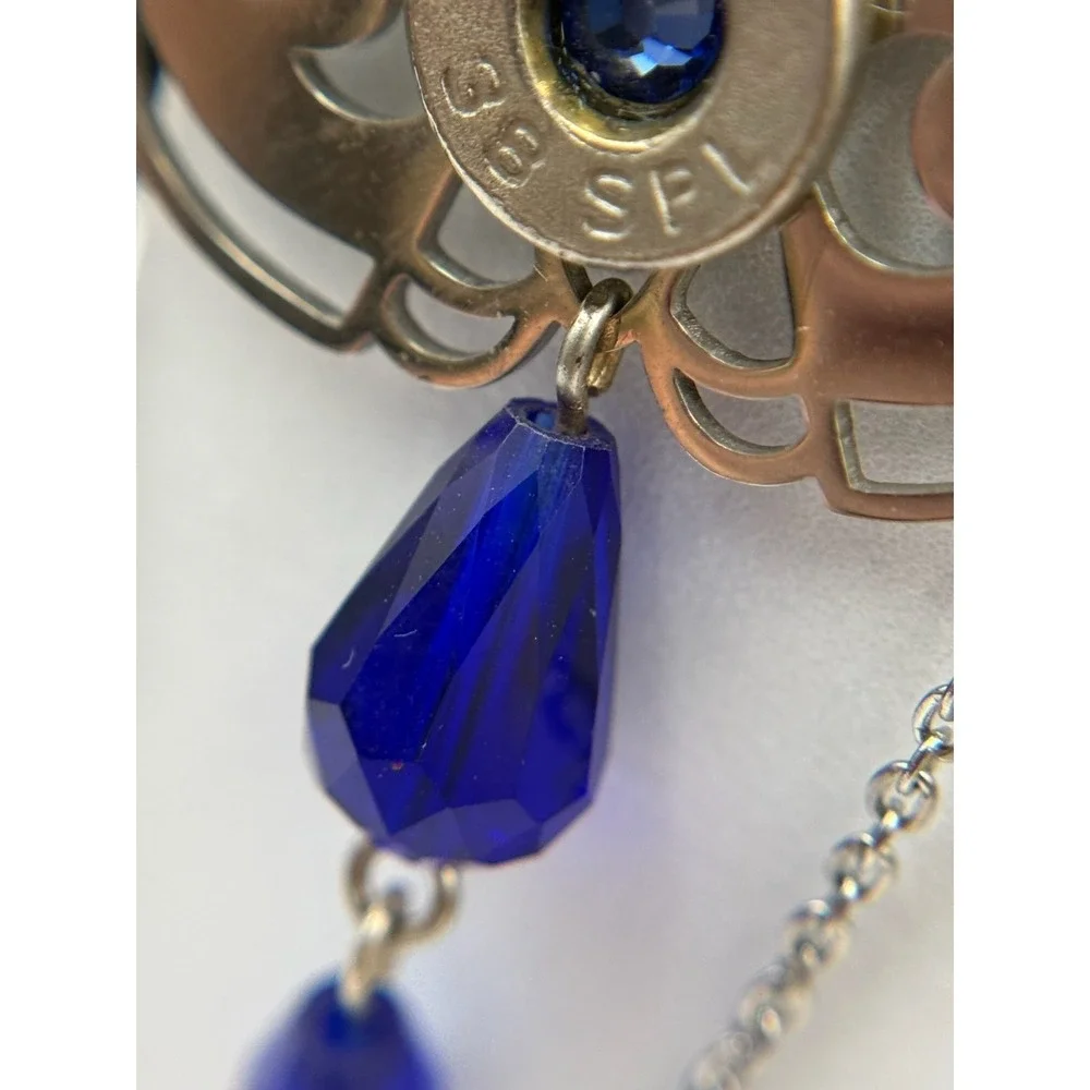 Vintage Womens silver Tone Chain‎ Blue Beaded Fashion Dangle/Drop Earrings